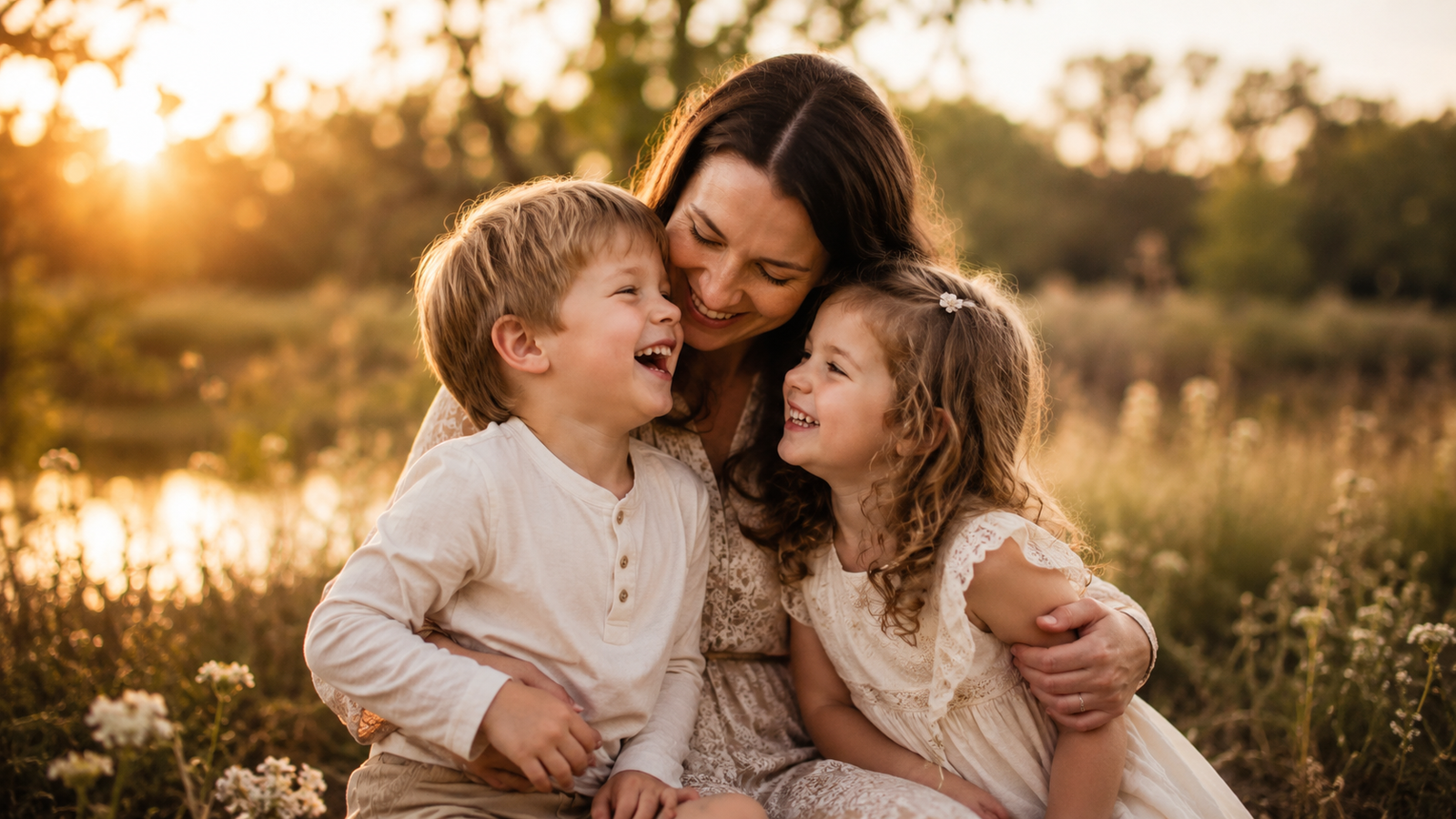 Mother with two children sharing a golden hour family moment