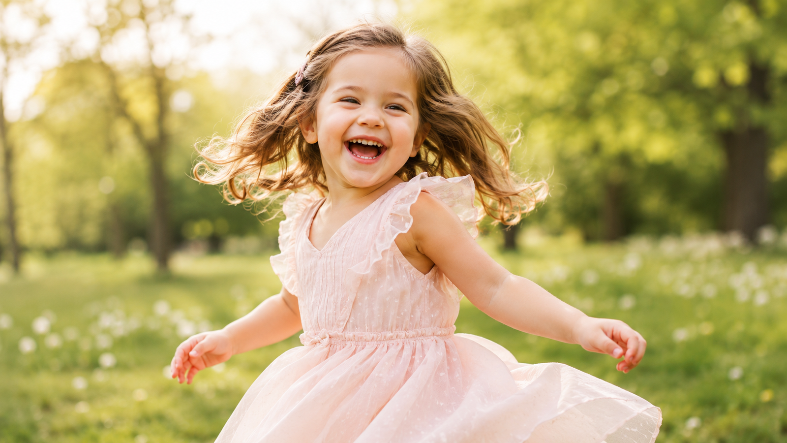 Happy child twirling in a meadow during golden light