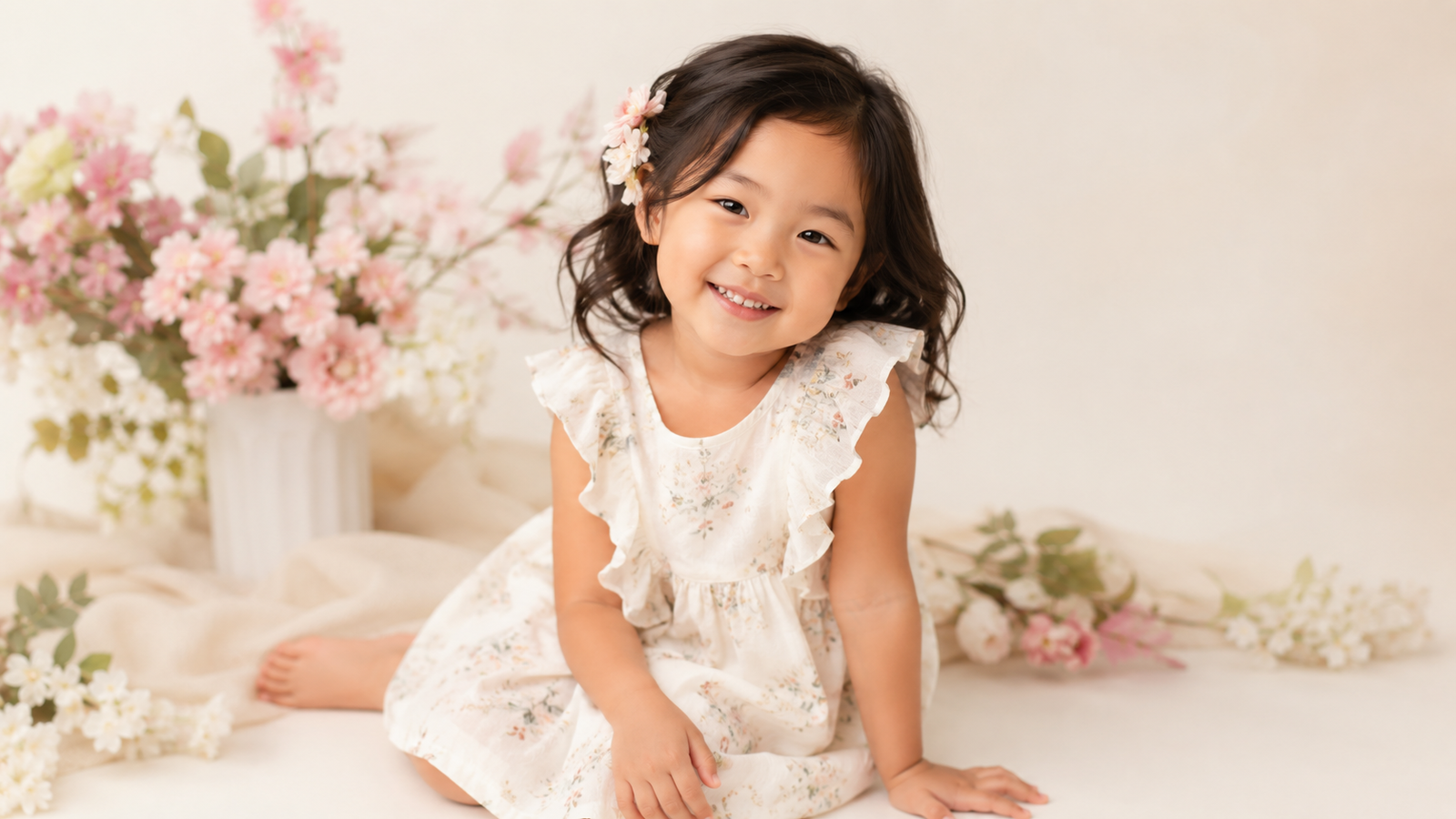 Young child smiling in a spring floral portrait setting